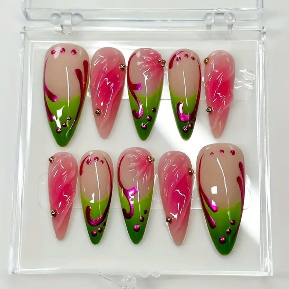 Pink & Green Handmade Press-On Nails Reusable Medium acrylic 3-D NWT - Picture 2 of 8